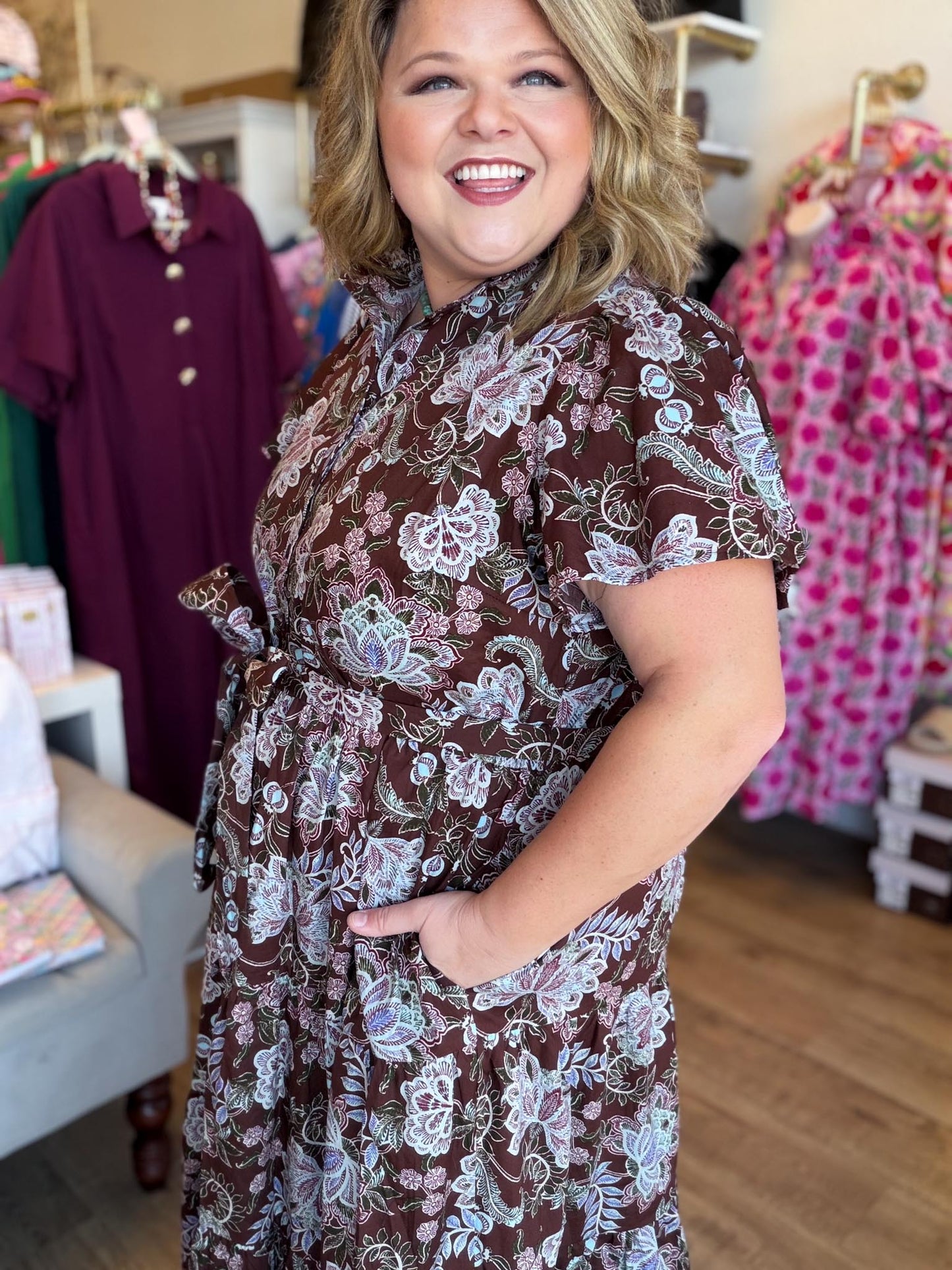 Autumn's Bouquet Plus-Size Brown Floral Tiered Midi Dress