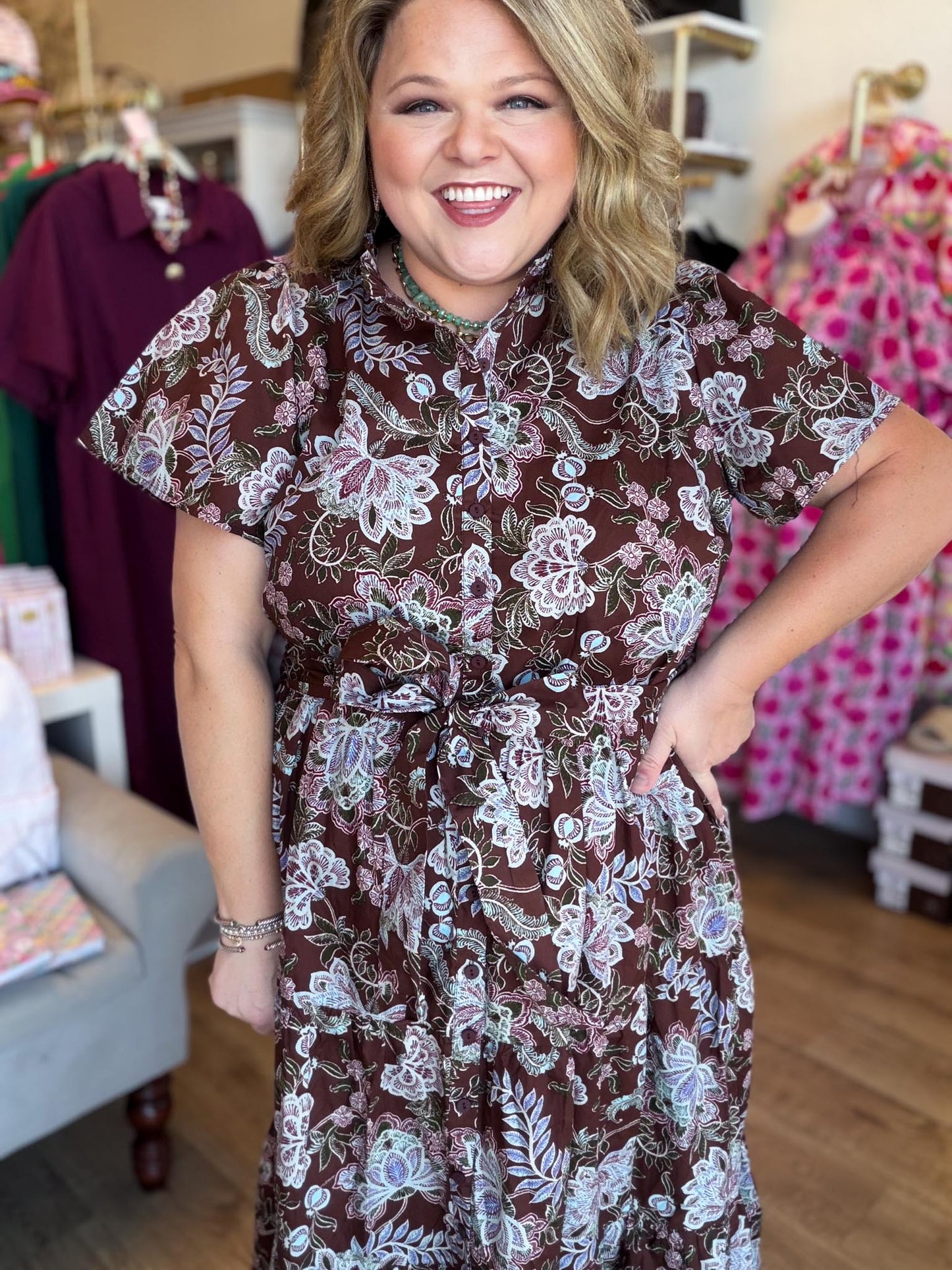 Autumn's Bouquet Plus-Size Brown Floral Tiered Midi Dress
