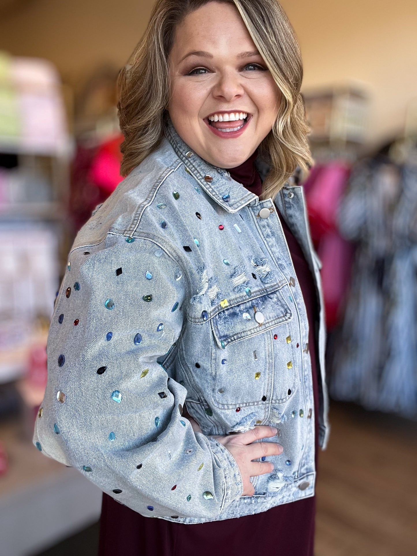 Be Mine, Galentine Plus-Size Jewel Embellished Denim Jacket