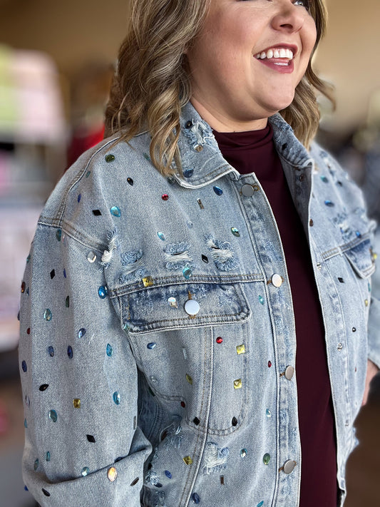 Be Mine, Galentine Plus-Size Jewel Embellished Denim Jacket