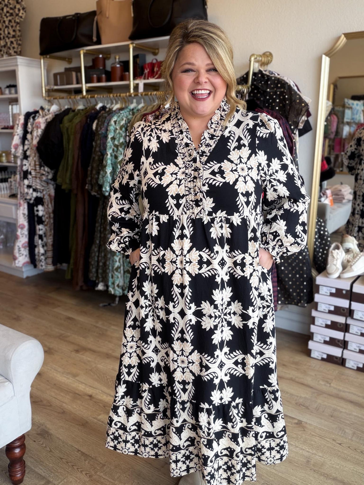 Bleeker Street Babe Curvy Black Smocked Midi Dress