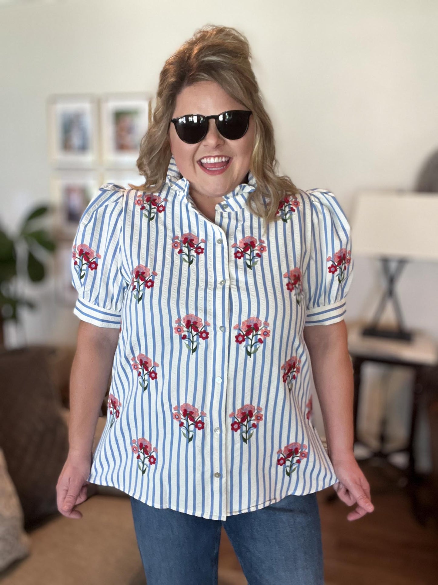 Bloom & Beam Curvy Blue Stripe Embroidered Top