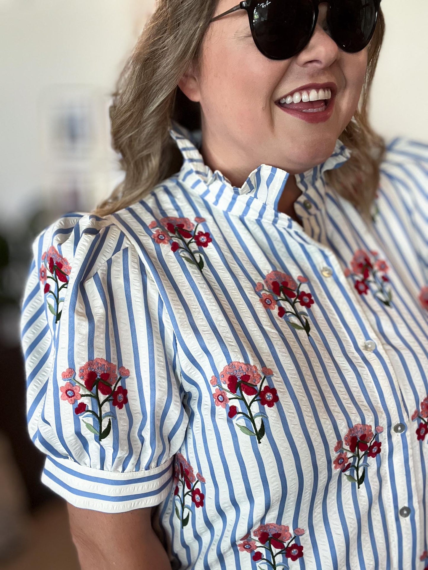 Bloom & Beam Curvy Blue Stripe Embroidered Top