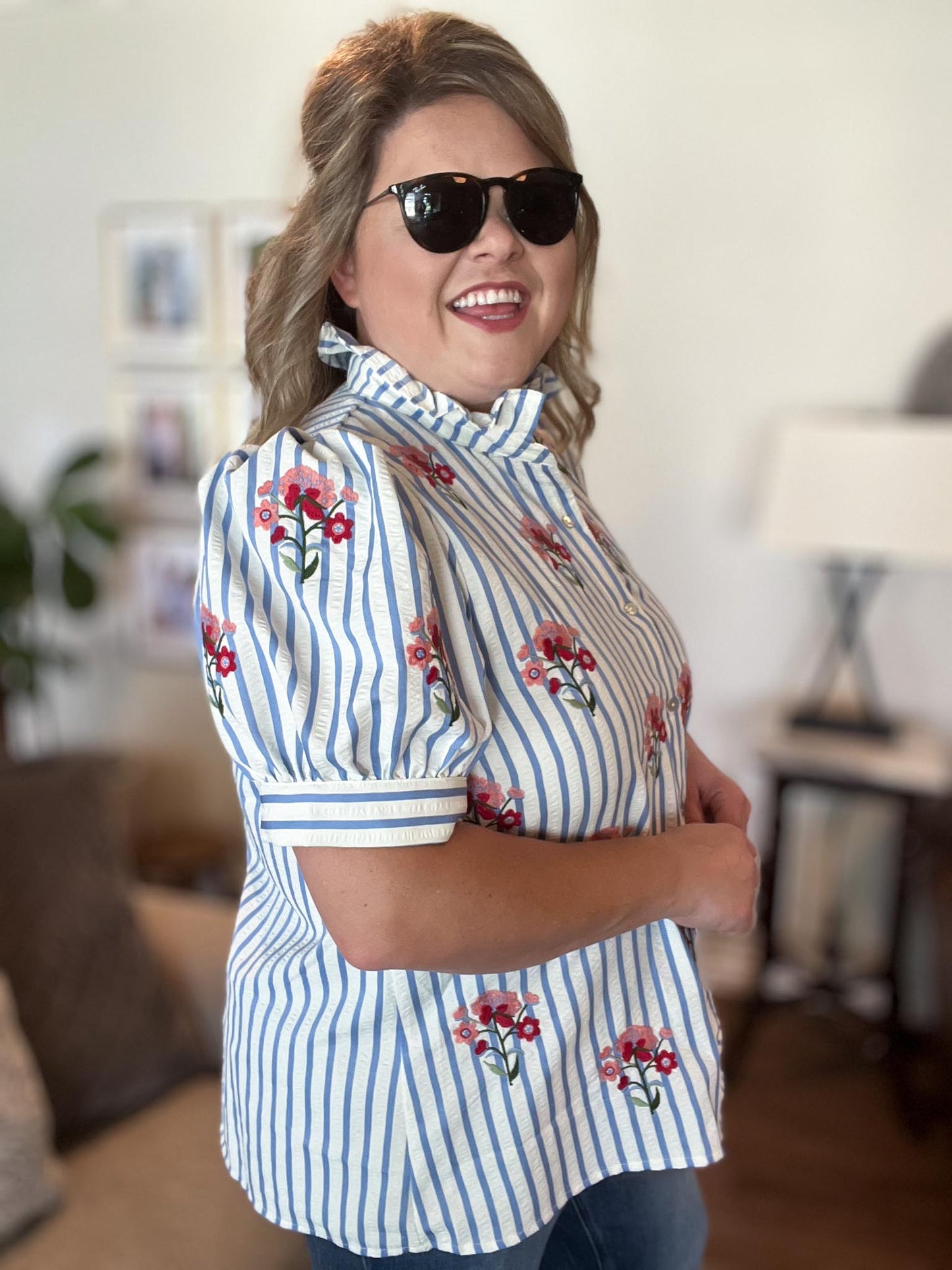 Bloom & Beam Curvy Blue Stripe Embroidered Top