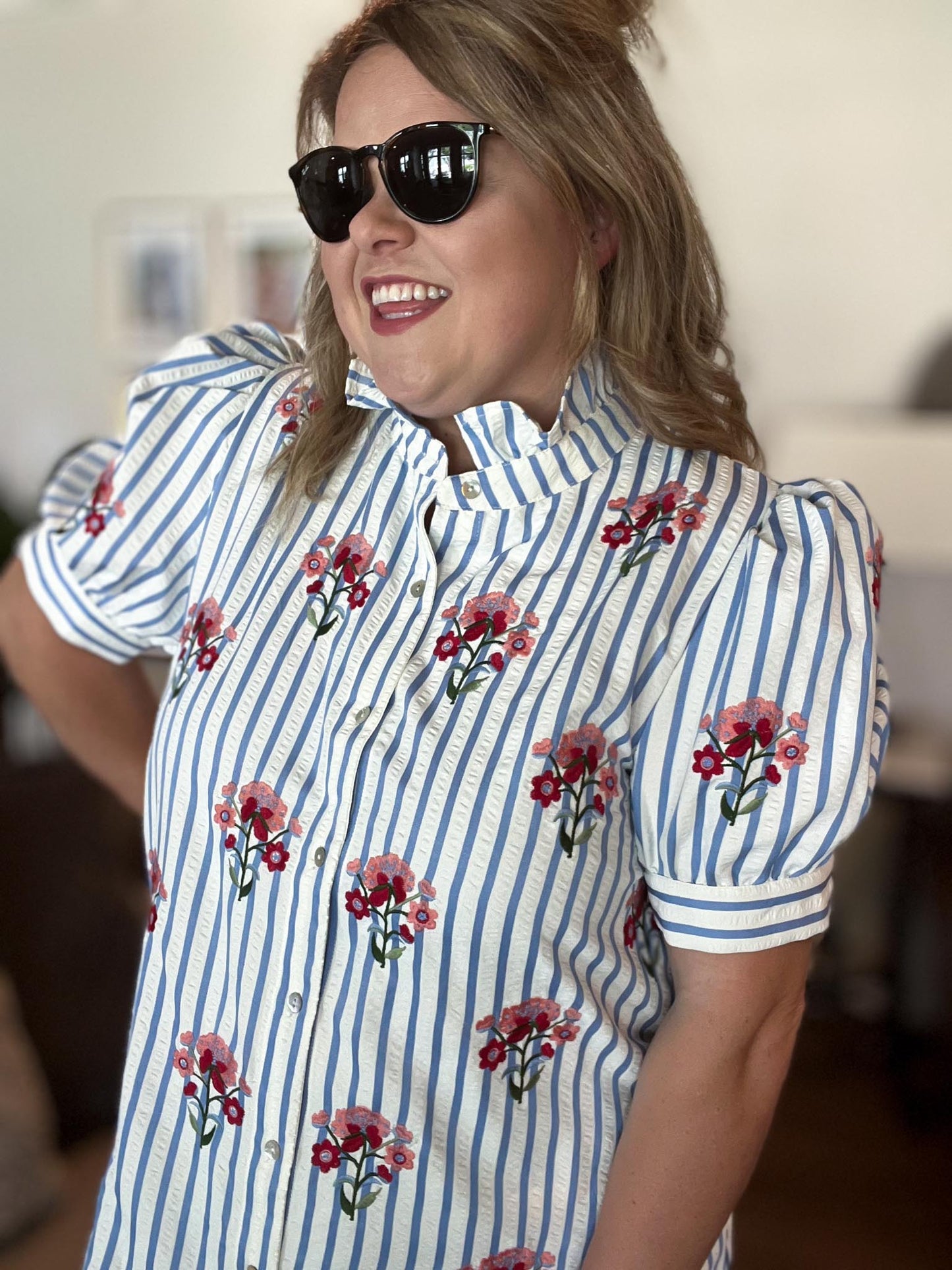 Bloom & Beam Curvy Blue Stripe Embroidered Top