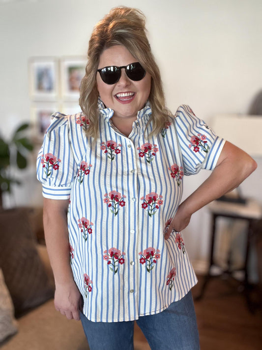 Bloom & Beam Curvy Blue Stripe Embroidered Top