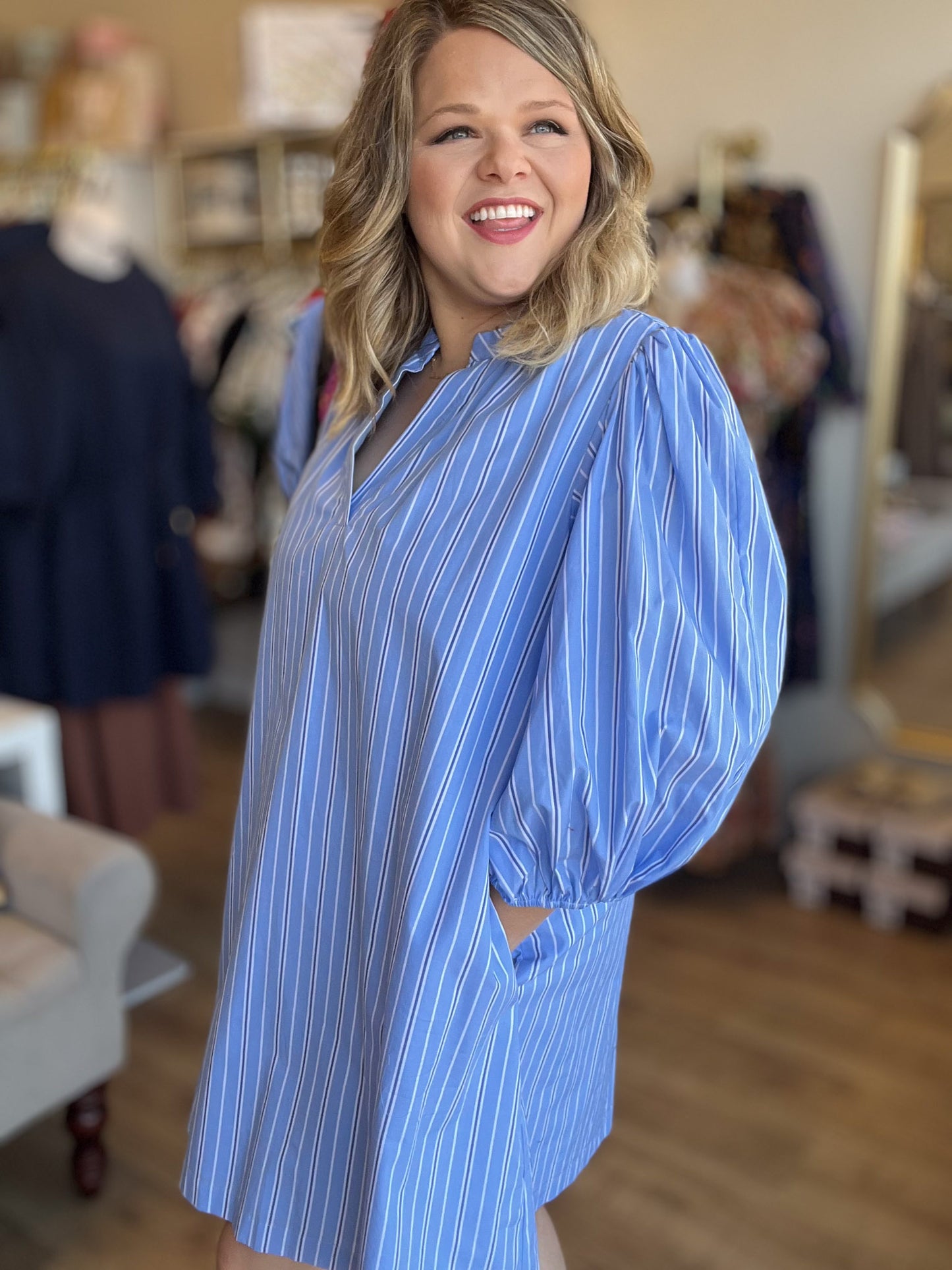 Blue Crush Plus-Size Striped Split Neck Dress