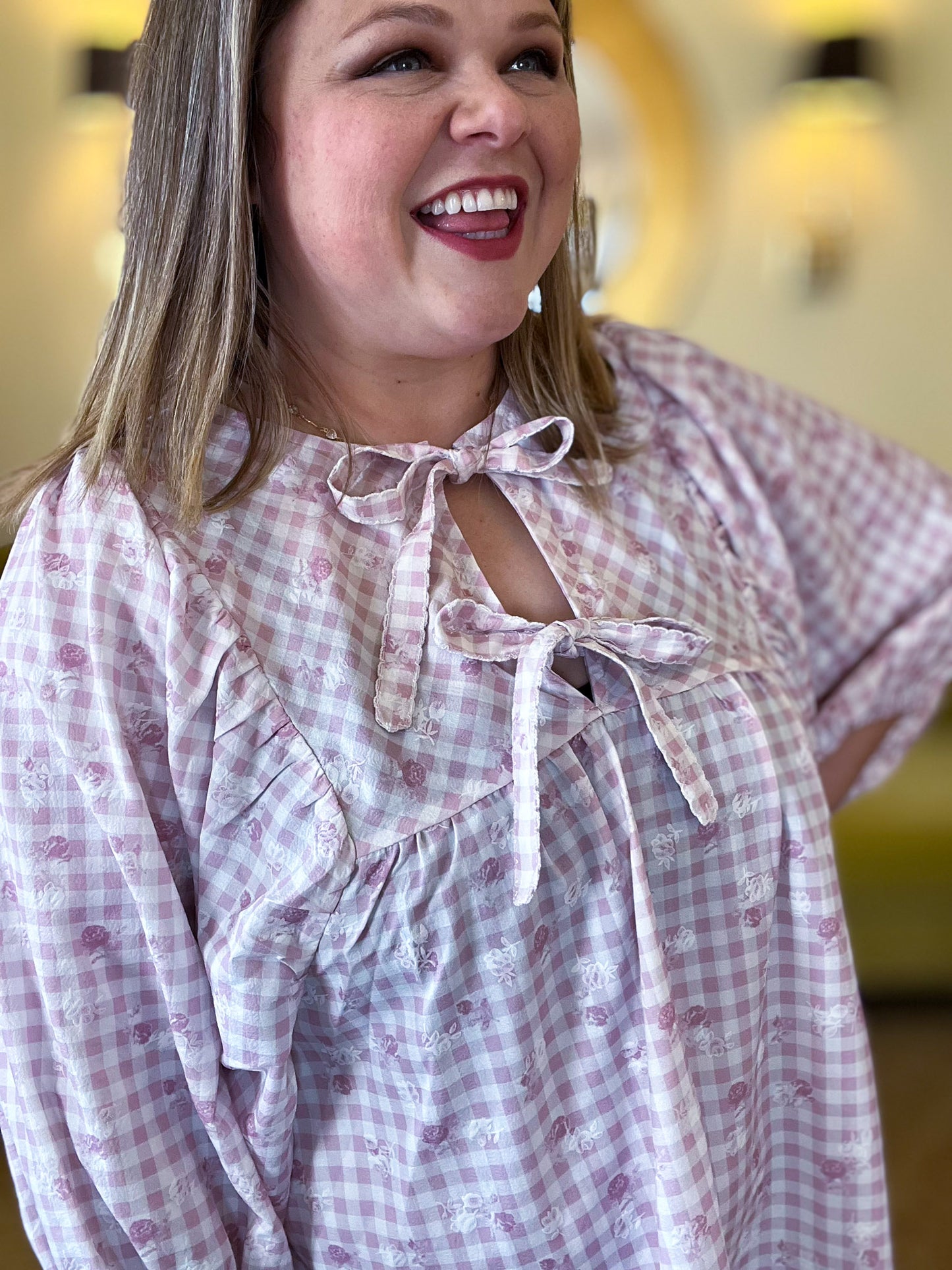 Blush Blossom Plus-Size Gingham Top
