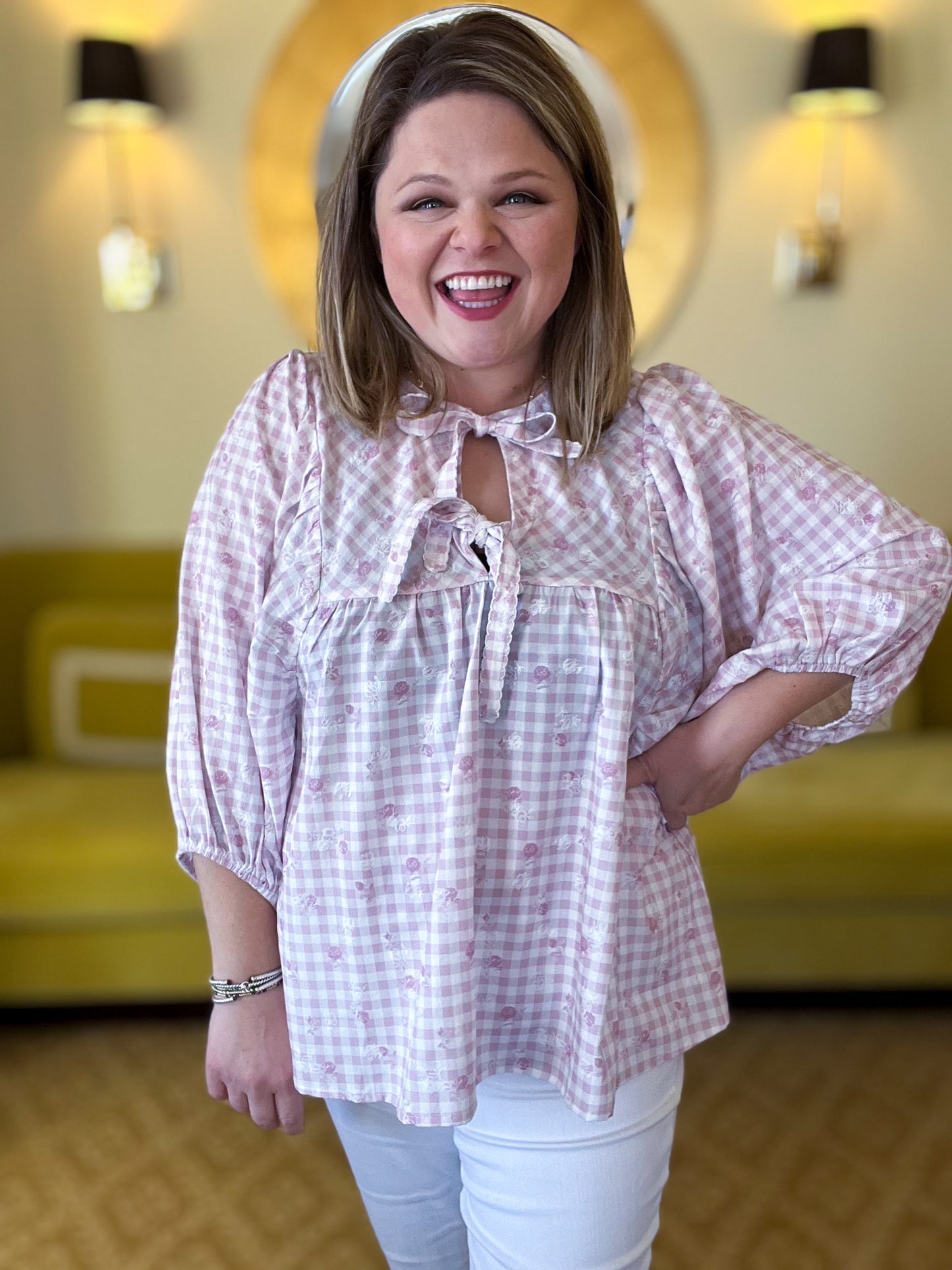 Blush Blossom Plus-Size Gingham Top