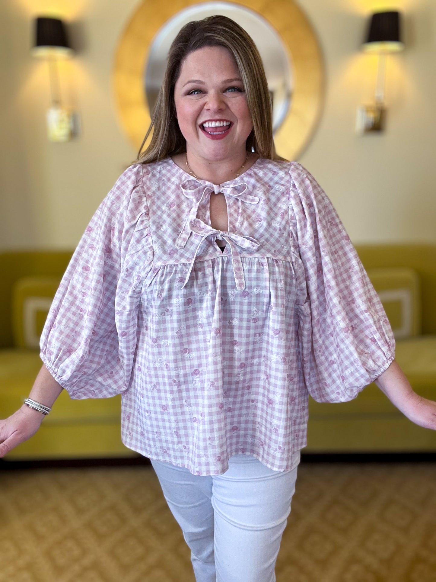 Blush Blossom Plus-Size Gingham Top