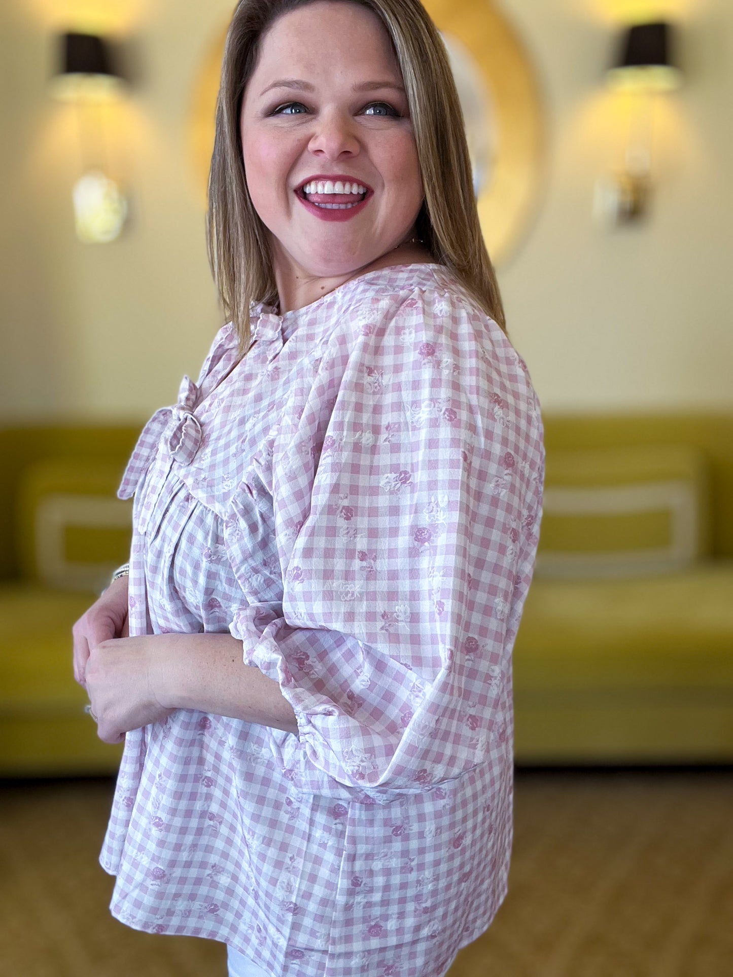 Blush Blossom Plus-Size Gingham Top