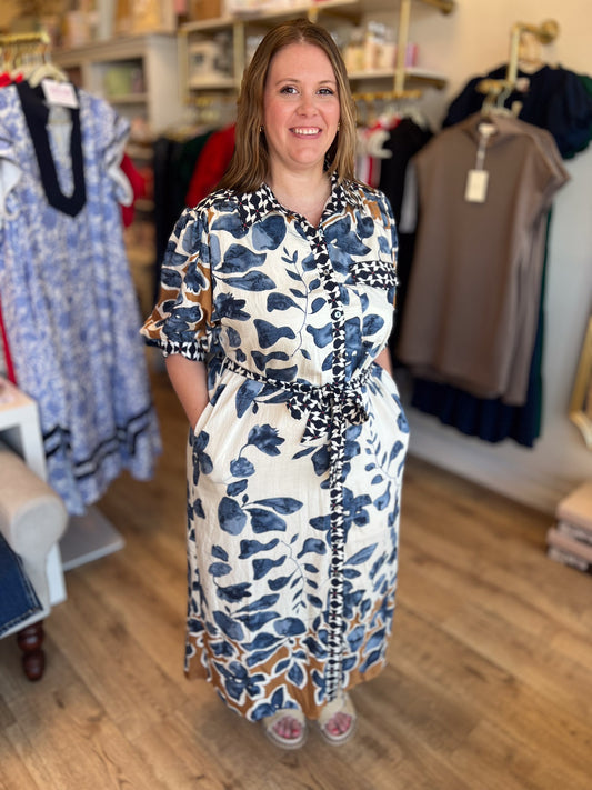 Bold Botanicals Navy Abstract Midi Dress