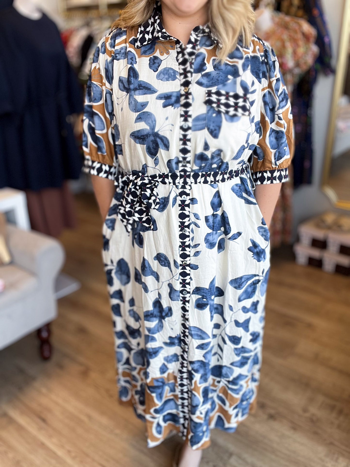 Bold Botanicals Navy Abstract Midi Dress