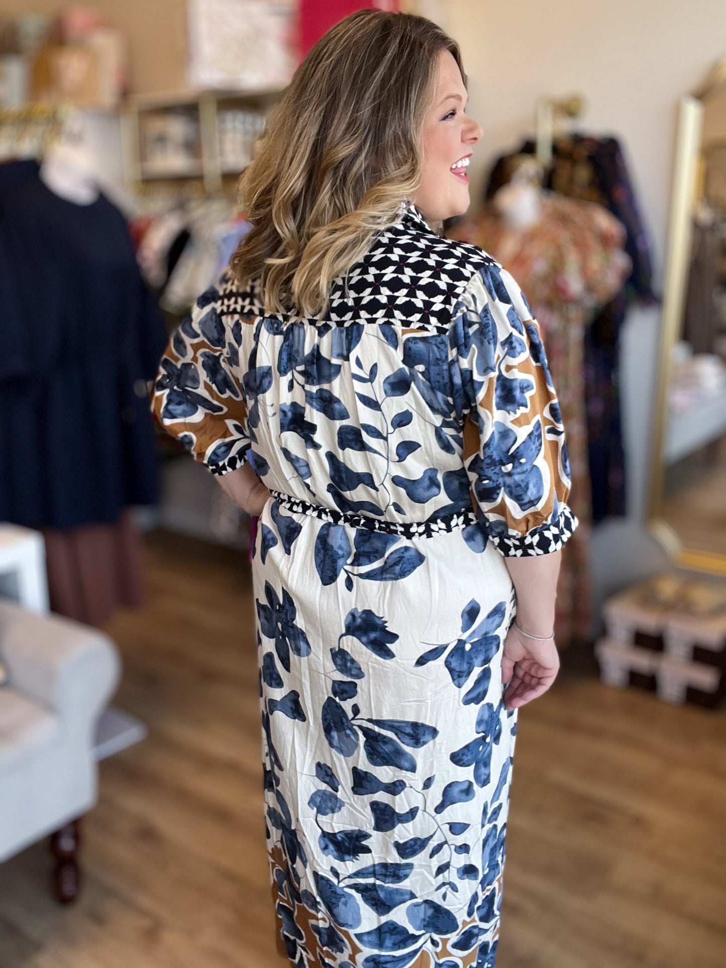 Bold Botanicals Navy Abstract Midi Dress