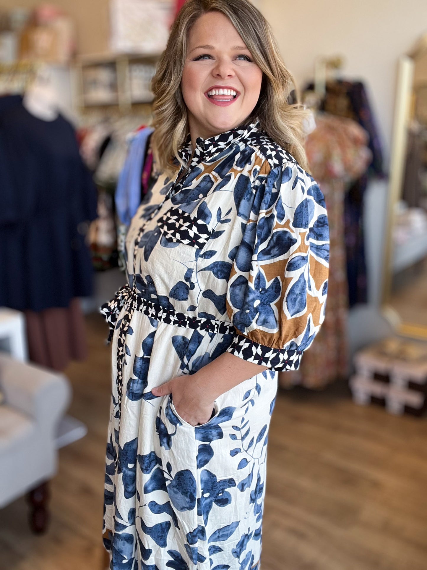 Bold Botanicals Navy Abstract Midi Dress
