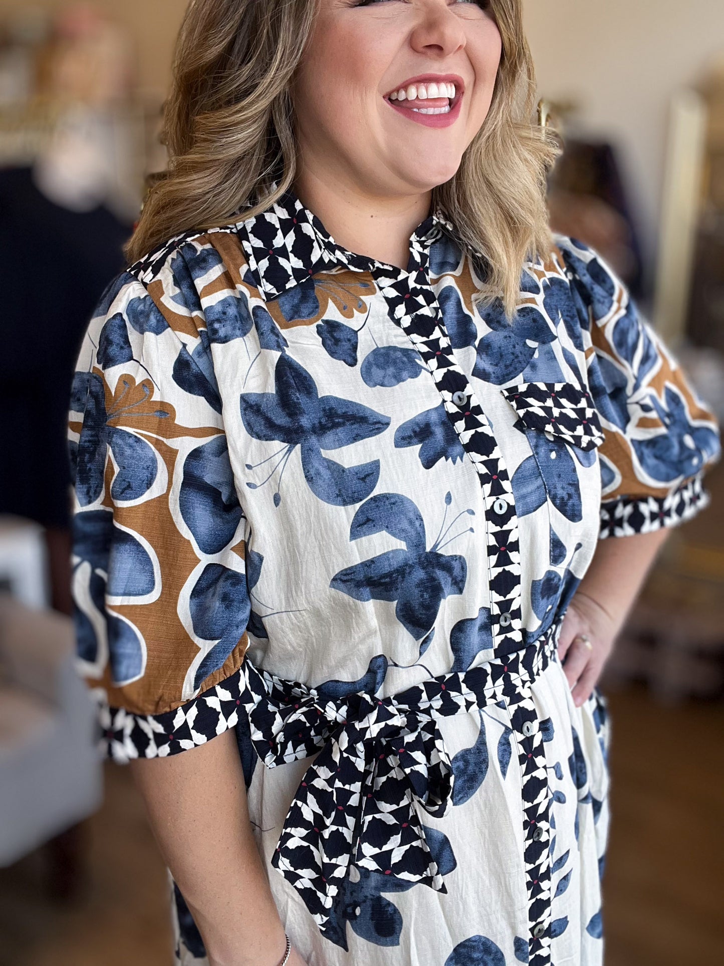 Bold Botanicals Navy Abstract Midi Dress