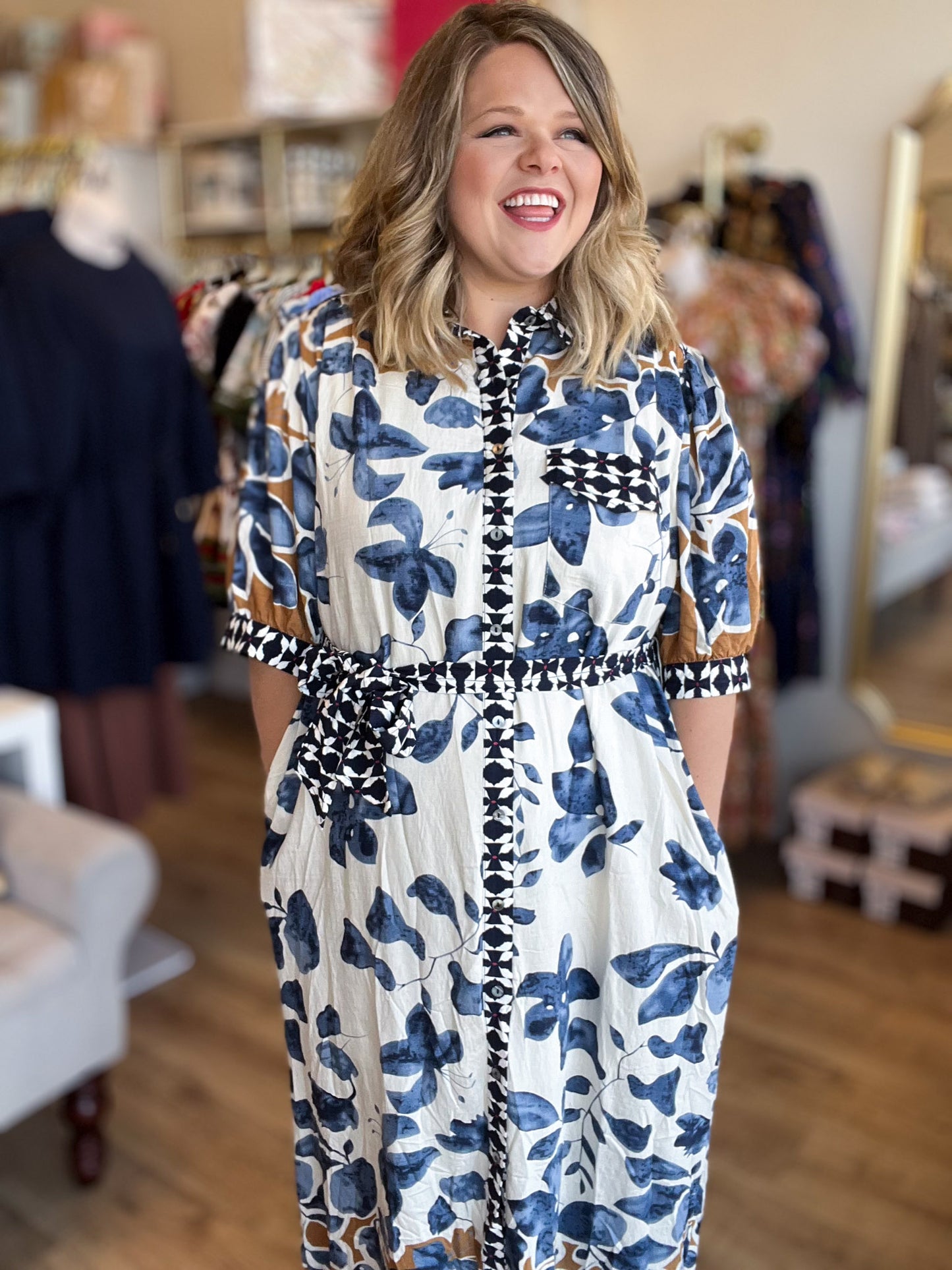 Bold Botanicals Navy Abstract Midi Dress