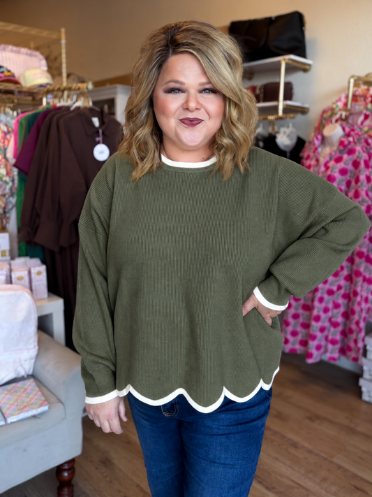 Brunch in Banff Curvy Olive Scalloped Sweater