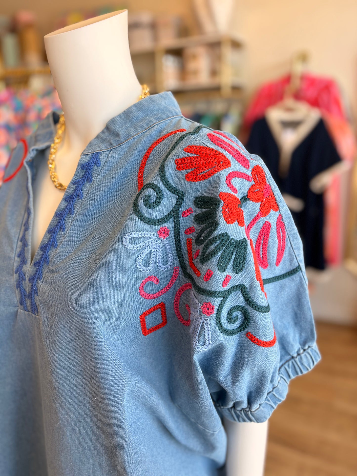 Land of Lovely Curvy Denim Embroidery Top