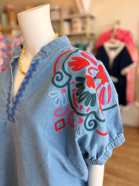 Land of Lovely Curvy Denim Embroidery Top
