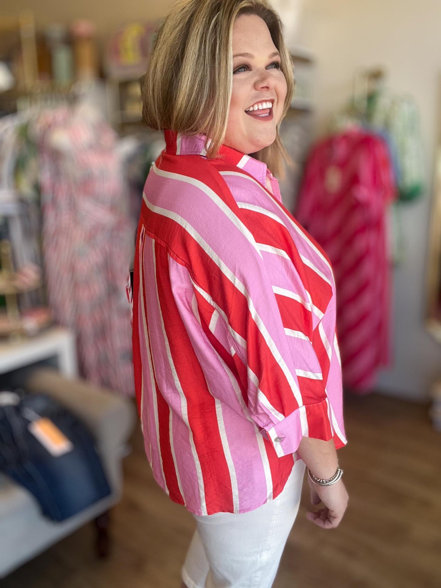Cabana Carnival Curvy Stripe Button Up Top