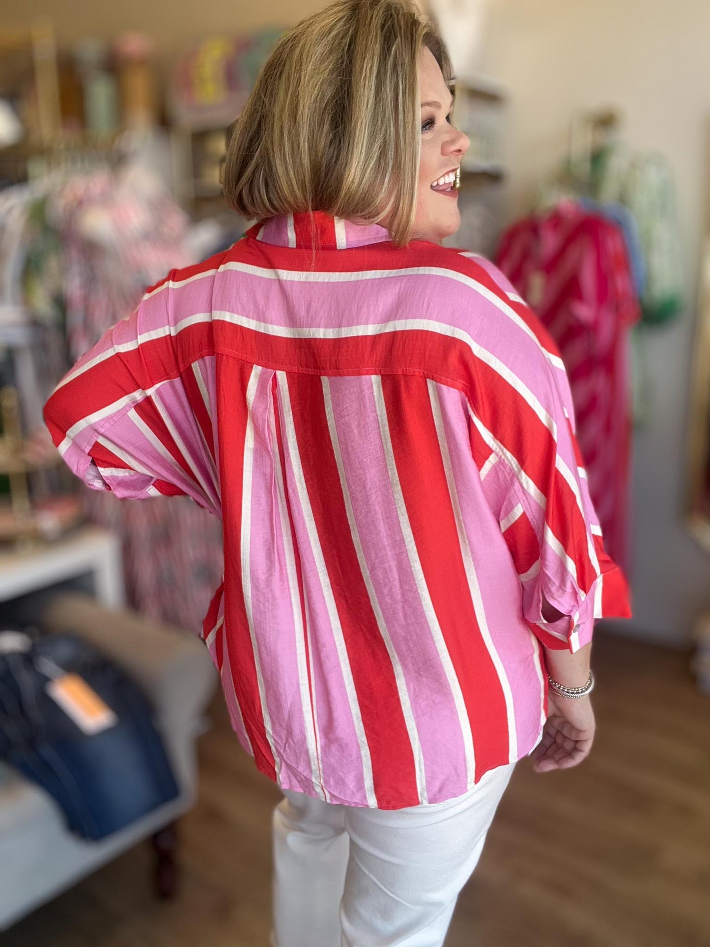 Cabana Carnival Curvy Stripe Button Up Top