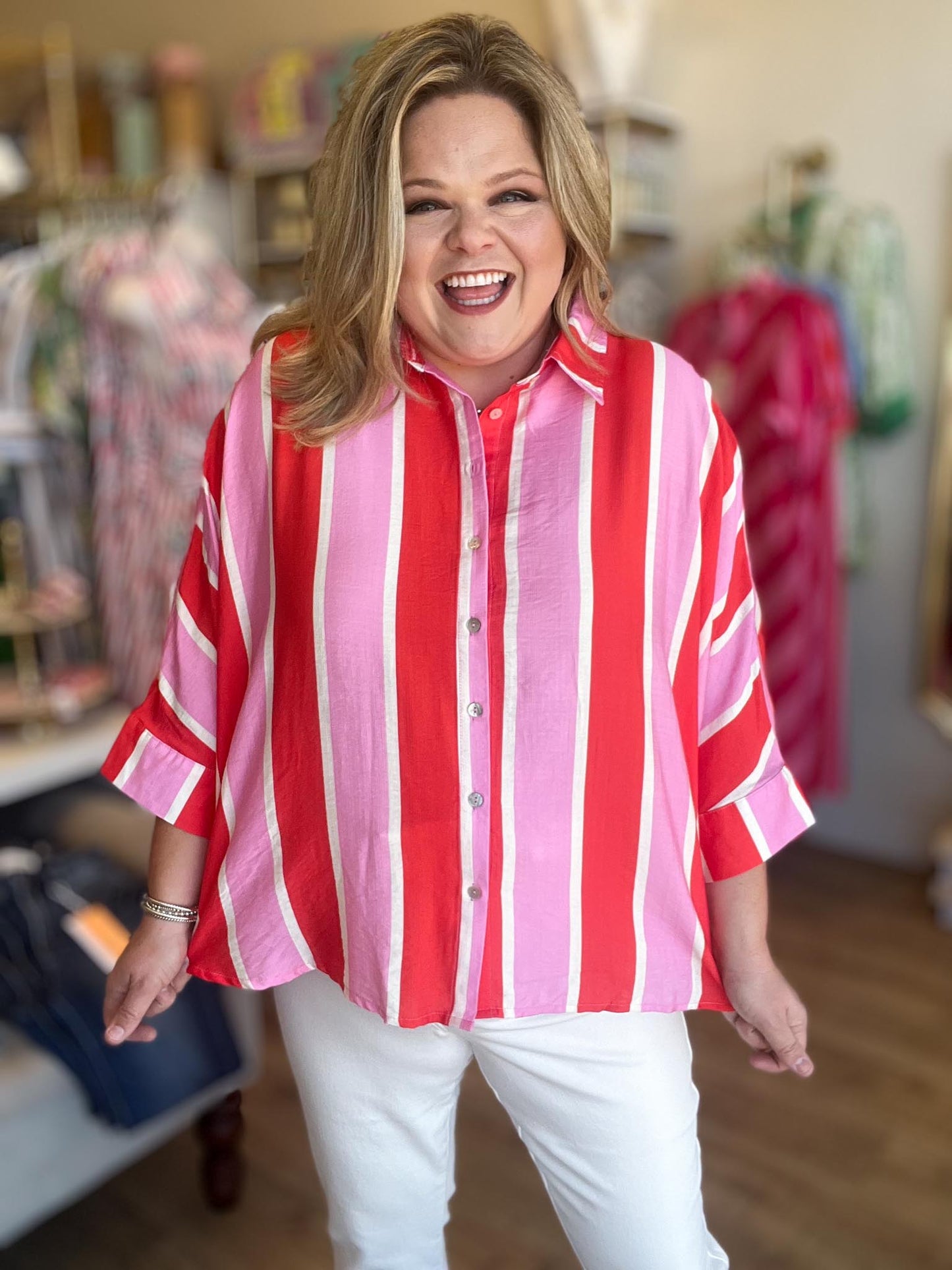 Cabana Carnival Curvy Stripe Button Up Top