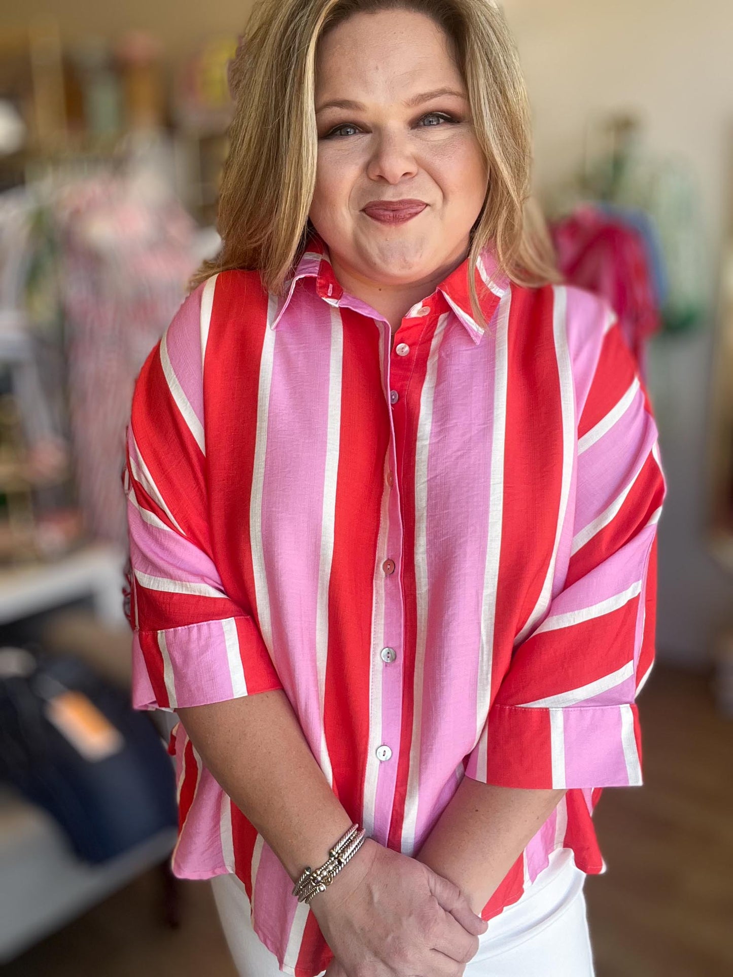 Cabana Carnival Curvy Stripe Button Up Top