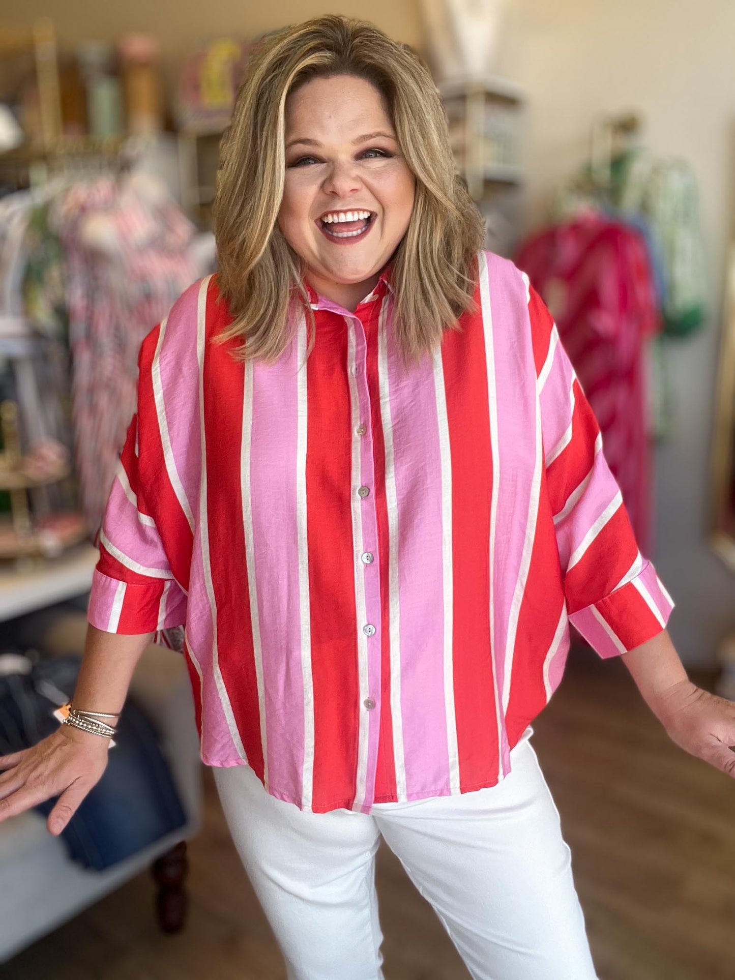 Cabana Carnival Curvy Stripe Button Up Top