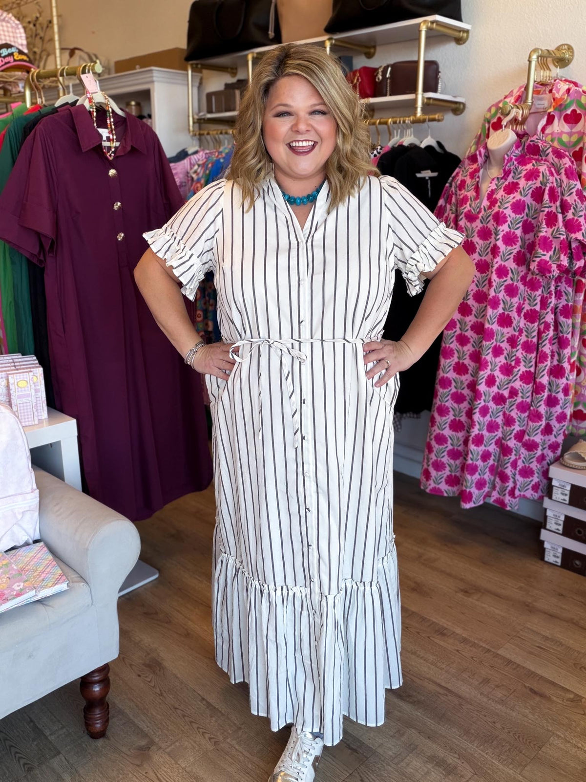 Cabana Crush Plus-Size Cream Striped Midi Dress