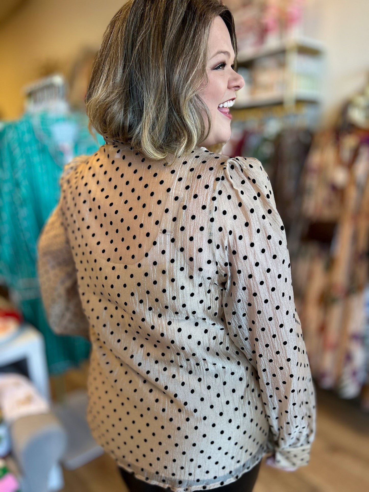 Champagne Wishes Polka Dot Tie Neck Blouse