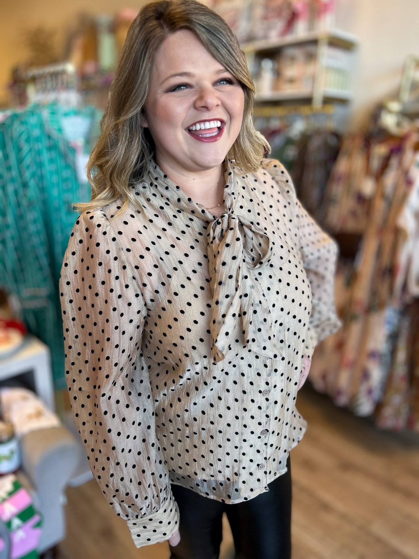 Champagne Wishes Polka Dot Tie Neck Blouse