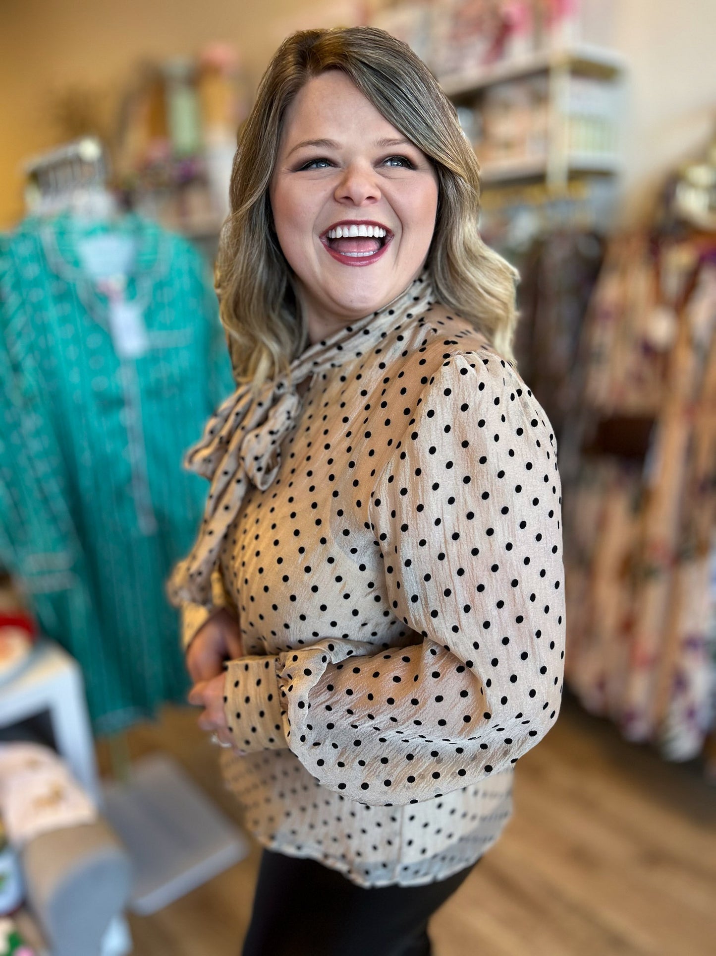 Champagne Wishes Polka Dot Tie Neck Blouse