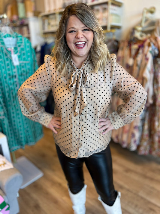 Champagne Wishes Polka Dot Tie Neck Blouse