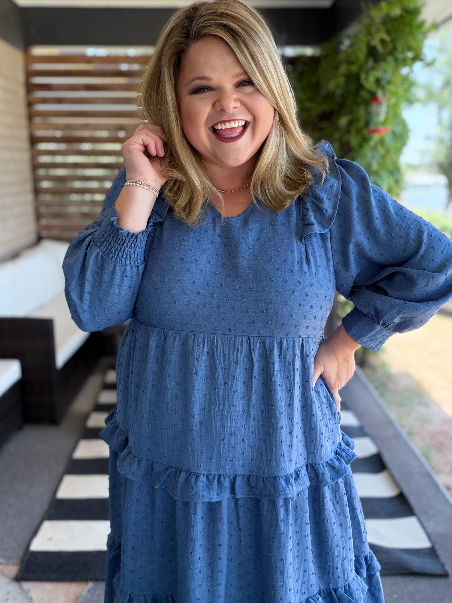 Chasing Autumn Curvy Denim Blue Swiss Dot Midi Dress