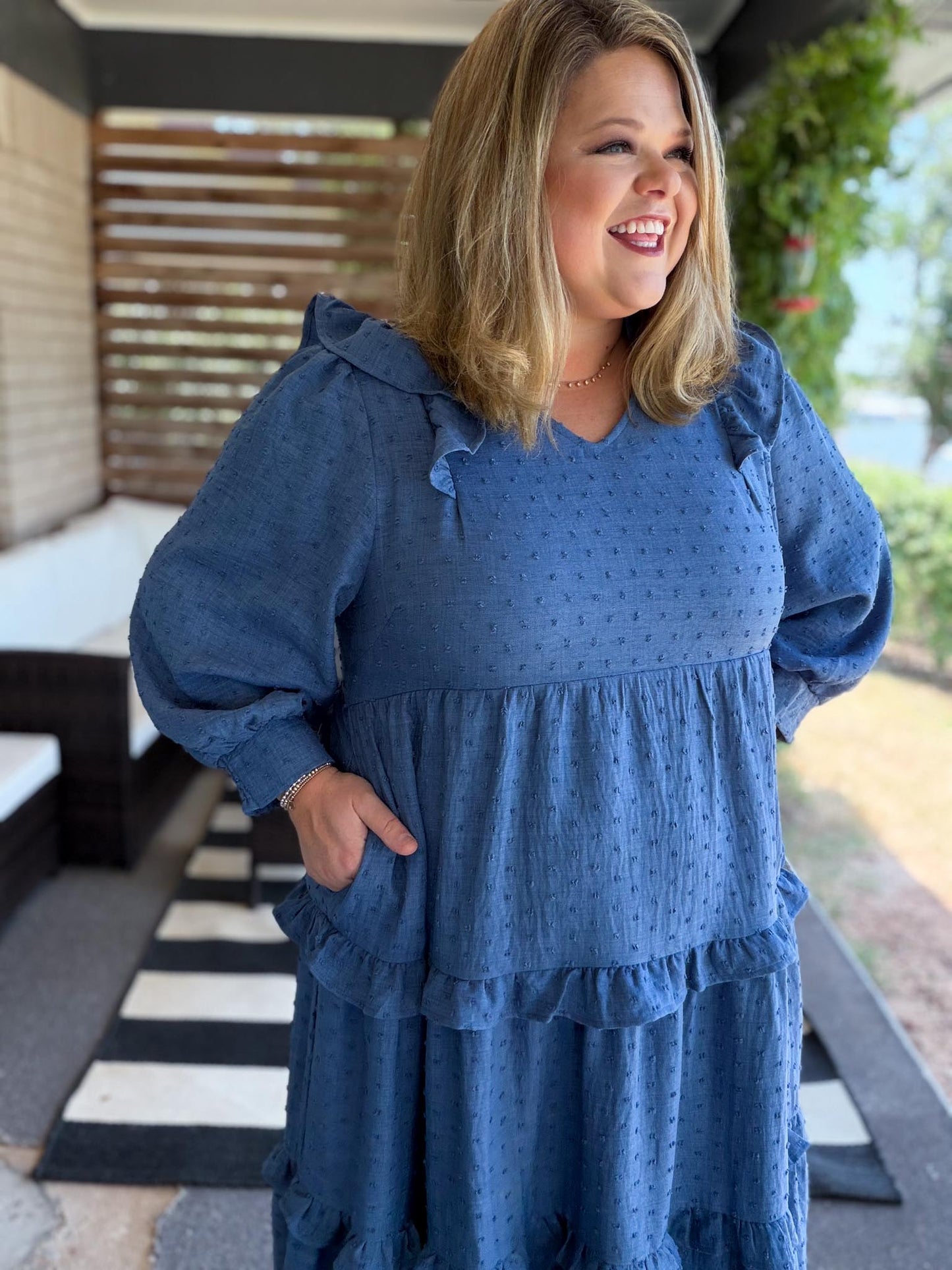 Chasing Autumn Curvy Denim Blue Swiss Dot Midi Dress