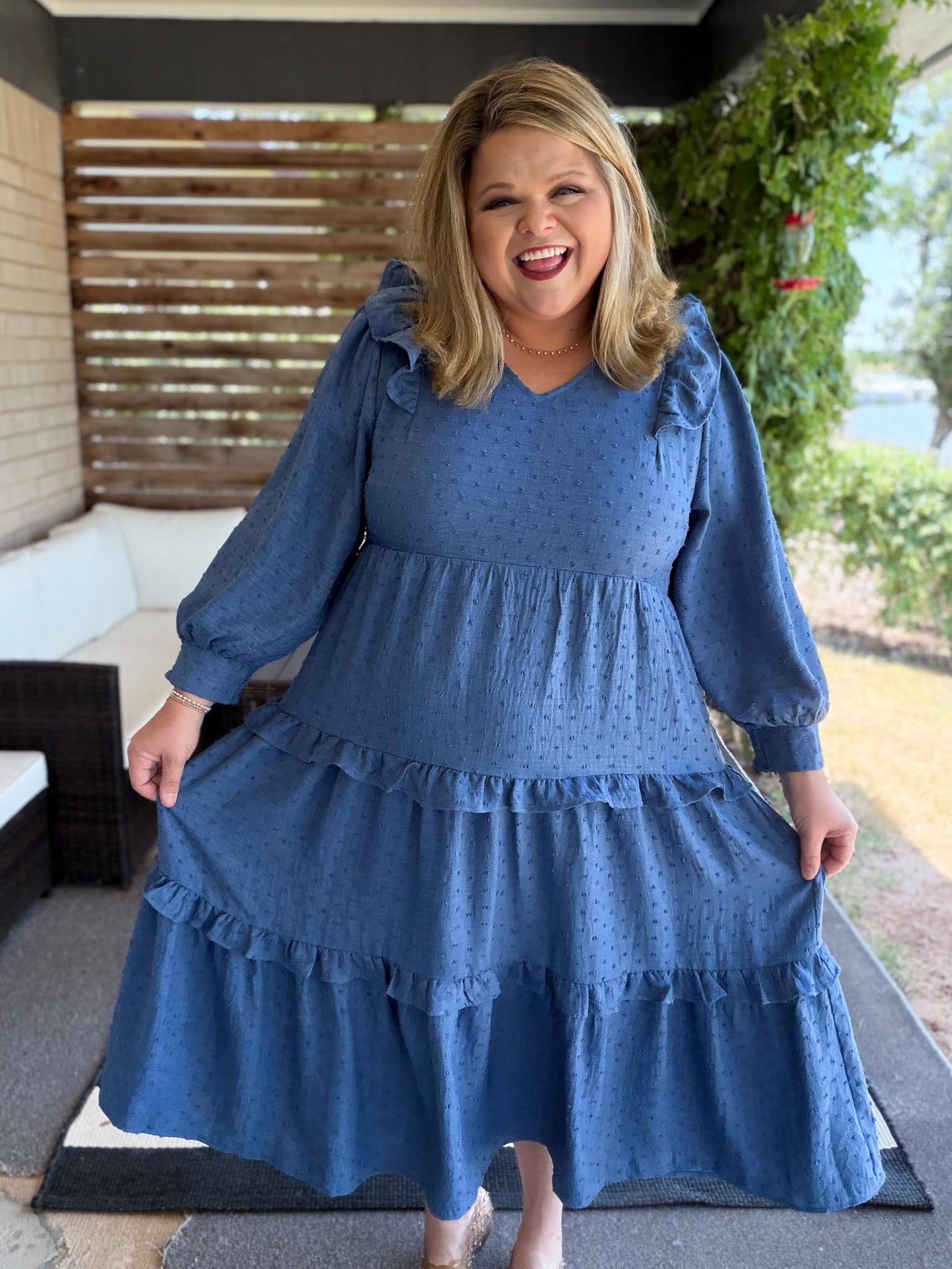 Chasing Autumn Curvy Denim Blue Swiss Dot Midi Dress