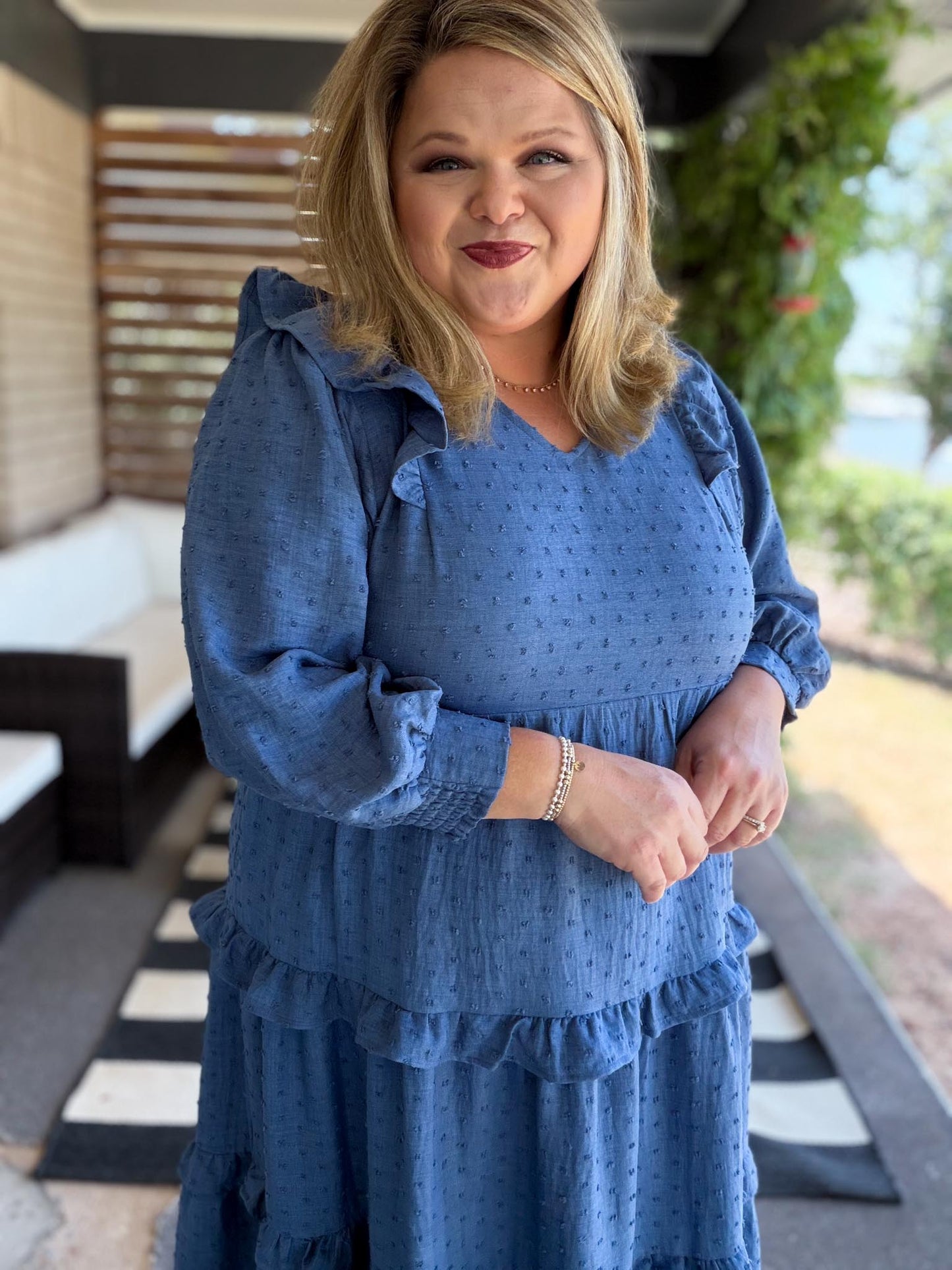 Chasing Autumn Curvy Denim Blue Swiss Dot Midi Dress