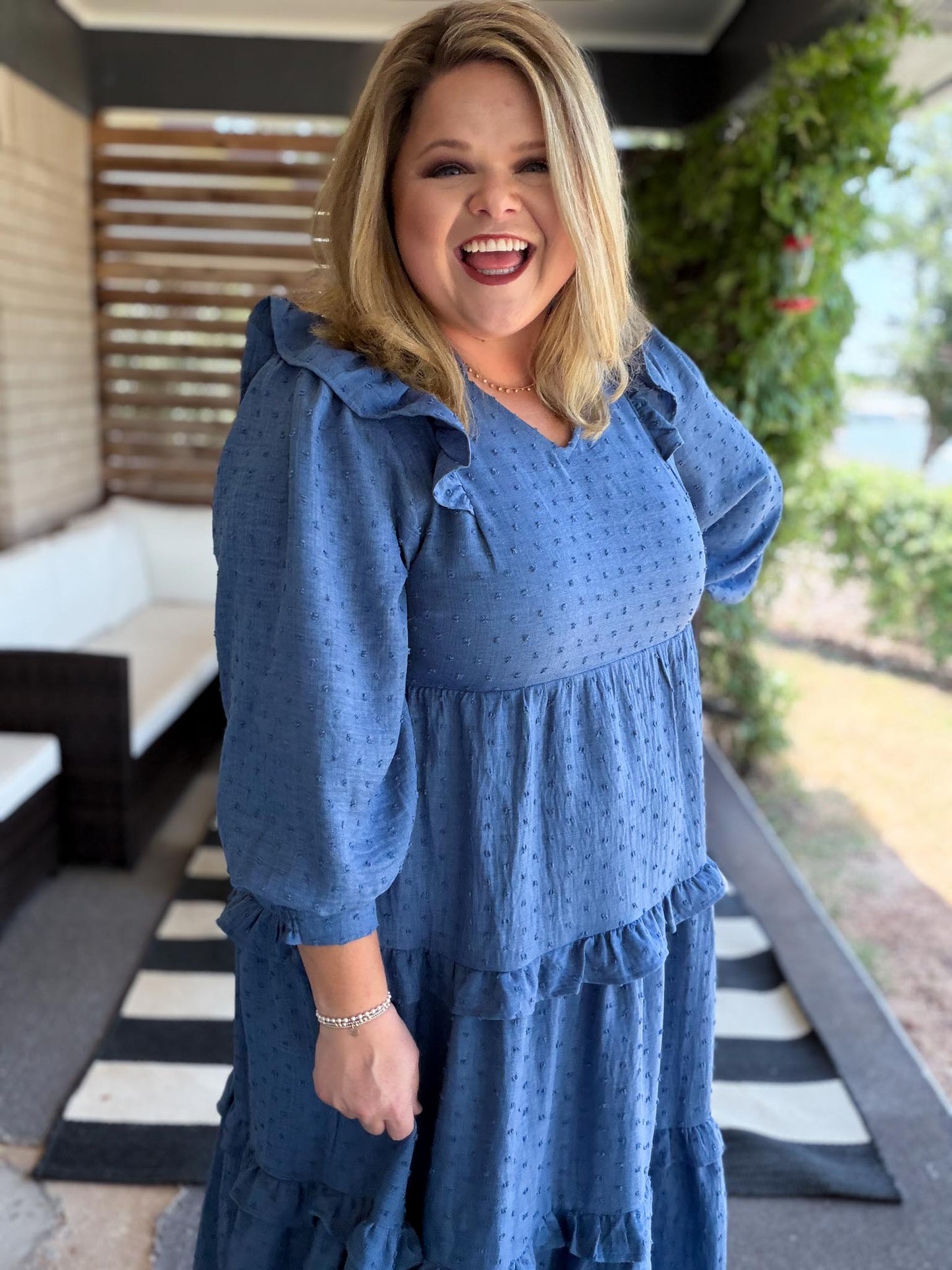 Chasing Autumn Curvy Denim Blue Swiss Dot Midi Dress
