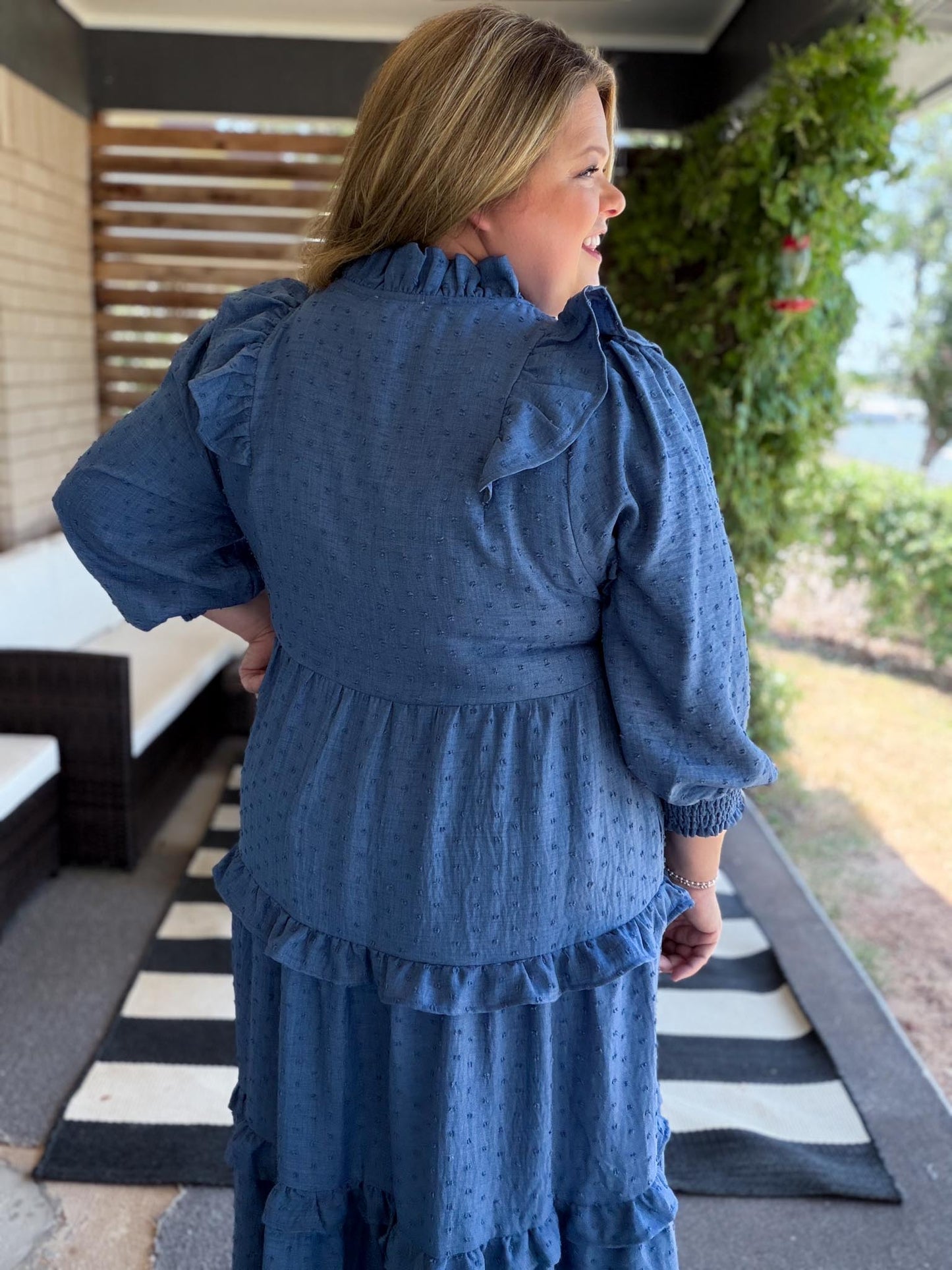 Chasing Autumn Curvy Denim Blue Swiss Dot Midi Dress