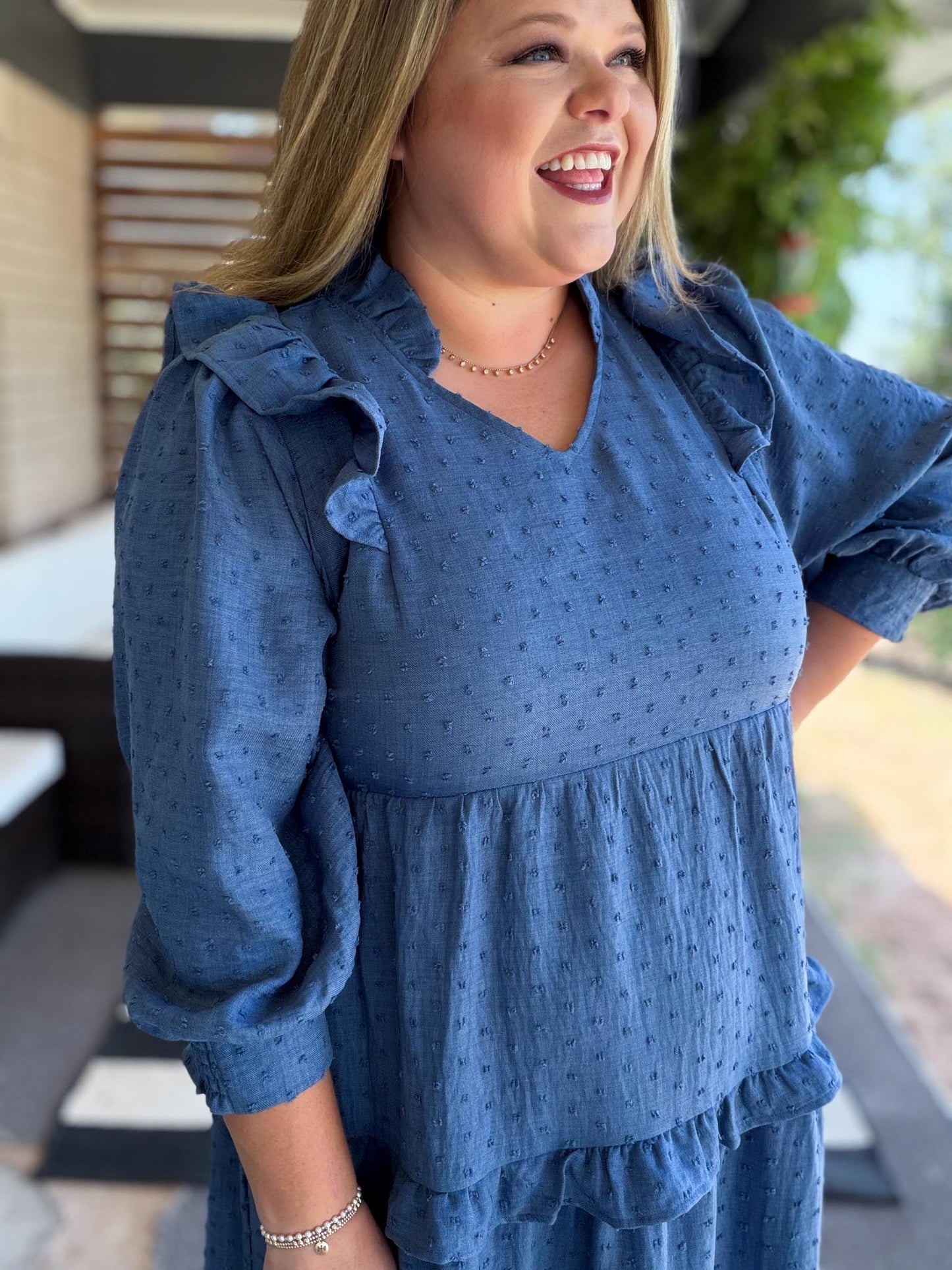 Chasing Autumn Curvy Denim Blue Swiss Dot Midi Dress