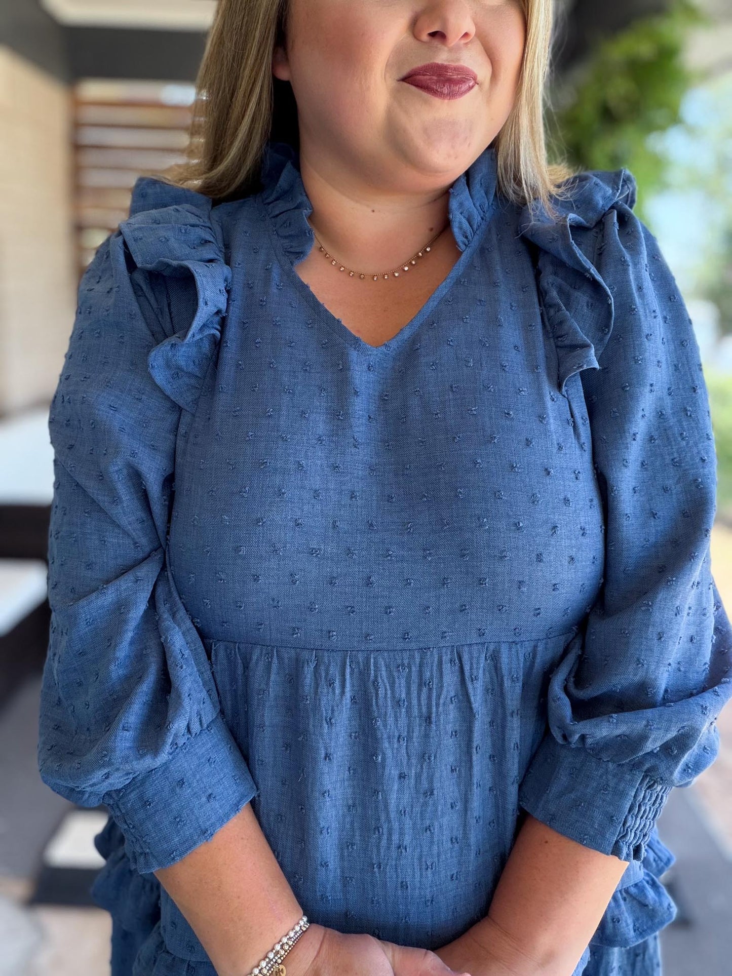 Chasing Autumn Curvy Denim Blue Swiss Dot Midi Dress