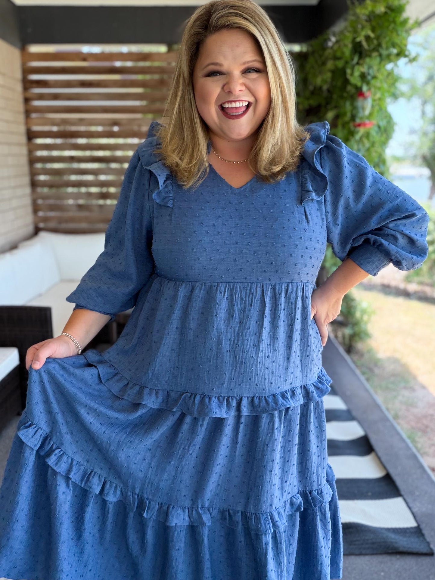 Chasing Autumn Curvy Denim Blue Swiss Dot Midi Dress