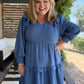 Chasing Autumn Curvy Denim Blue Swiss Dot Midi Dress
