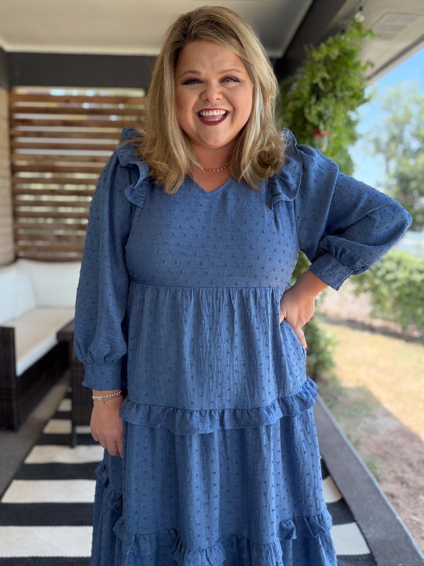 Chasing Autumn Curvy Denim Blue Swiss Dot Midi Dress