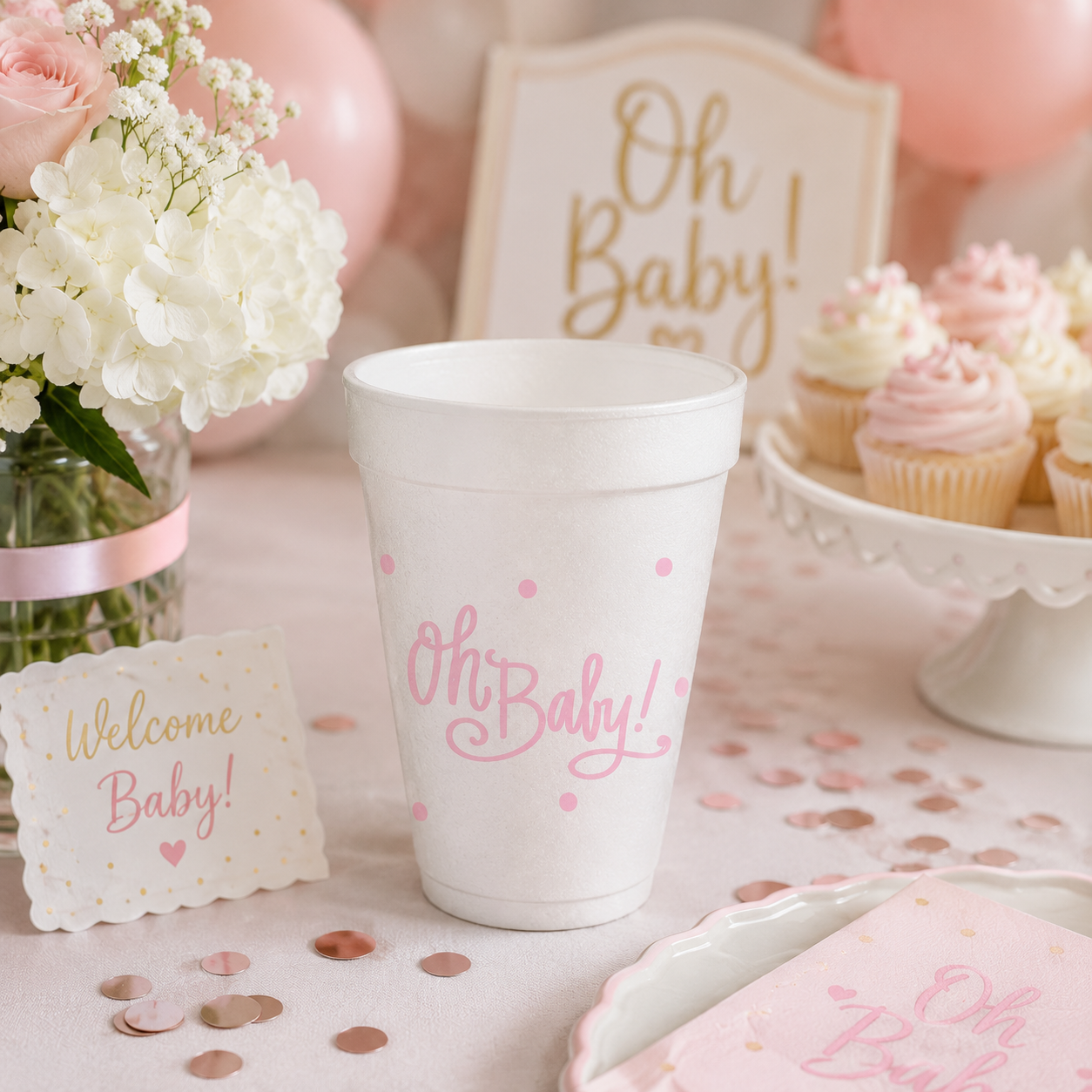 'Oh Baby!" Pink Styrofoam Cups