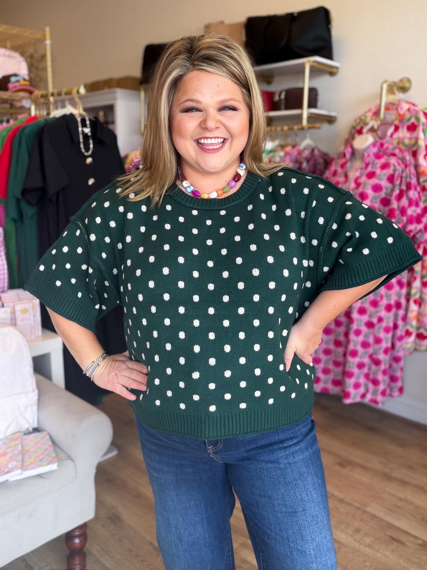 Chic Spots Curvy Green Polka Dot Sweater