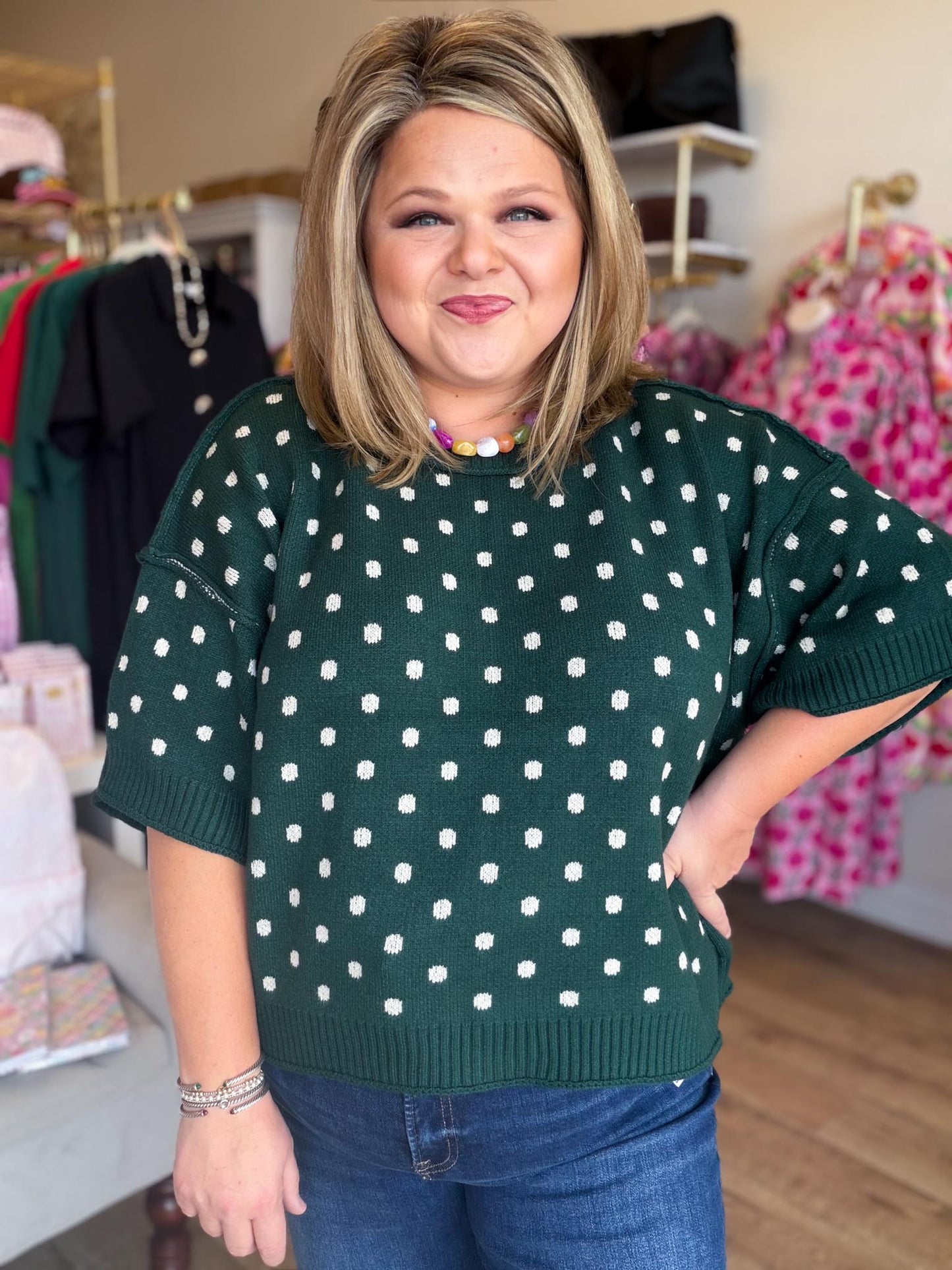 Chic Spots Curvy Green Polka Dot Sweater