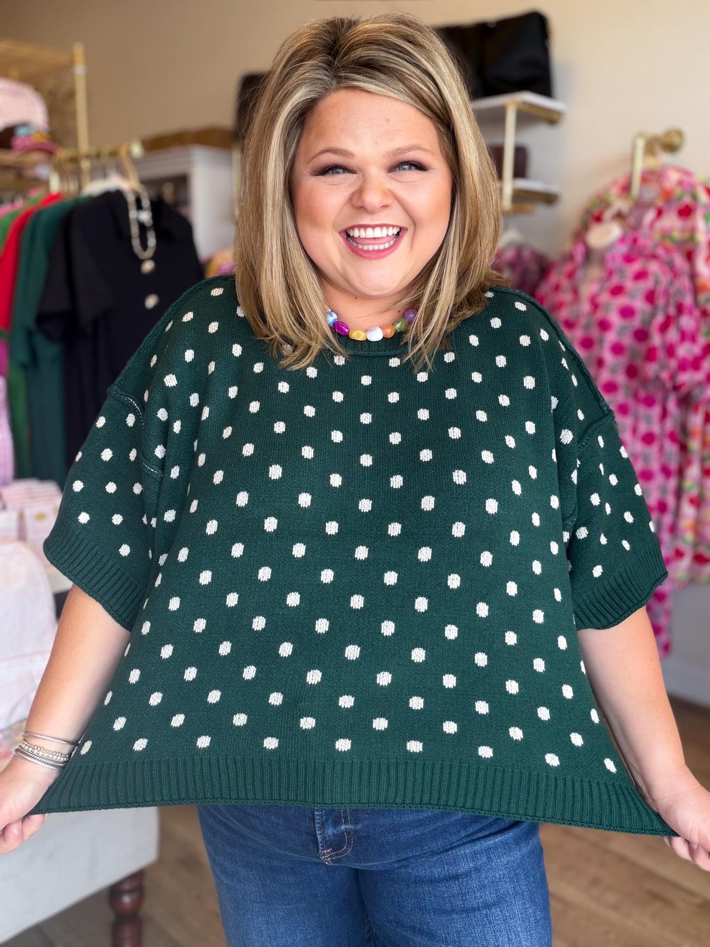 Chic Spots Curvy Green Polka Dot Sweater