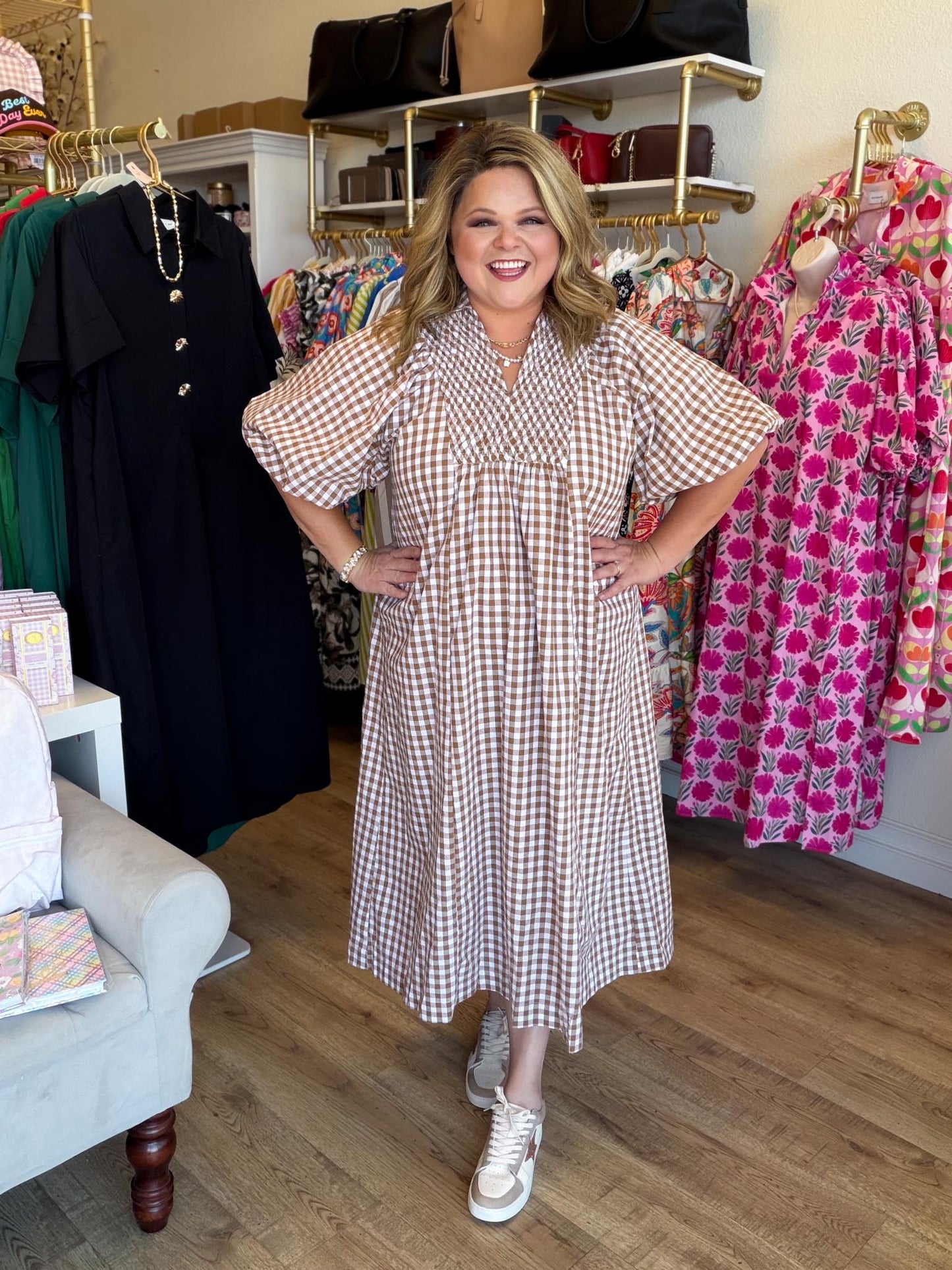 Cinnamon Skies Curvy Brown Gingham Midi Dress